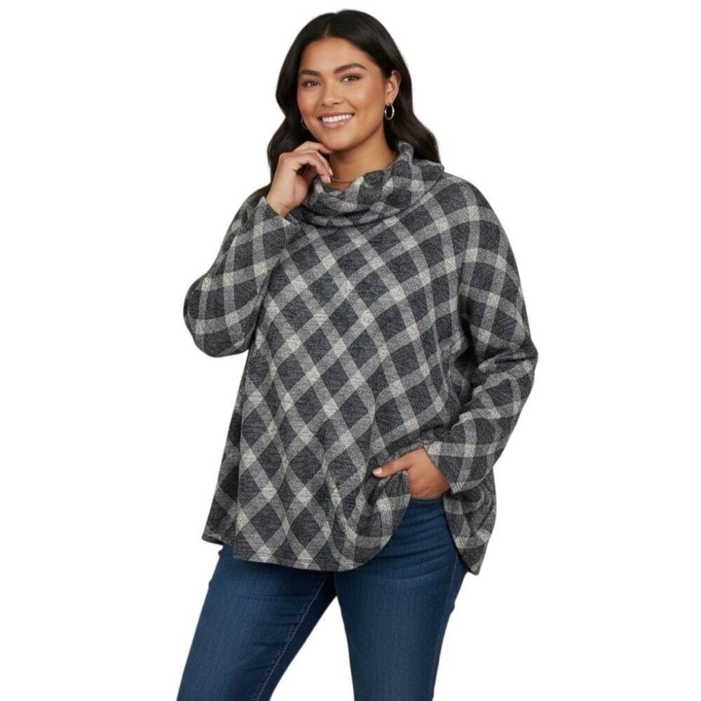Lane Bryant Cowl Neck Tunic Top Diamond Plaid Gray‎ Cozy Cabin Chic Size 18/20